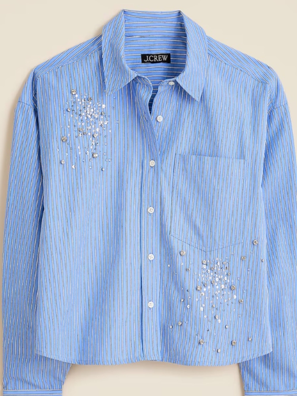 J. Crew Light Blue Pinstripe Étienne cropped button-up shirt with embellishments